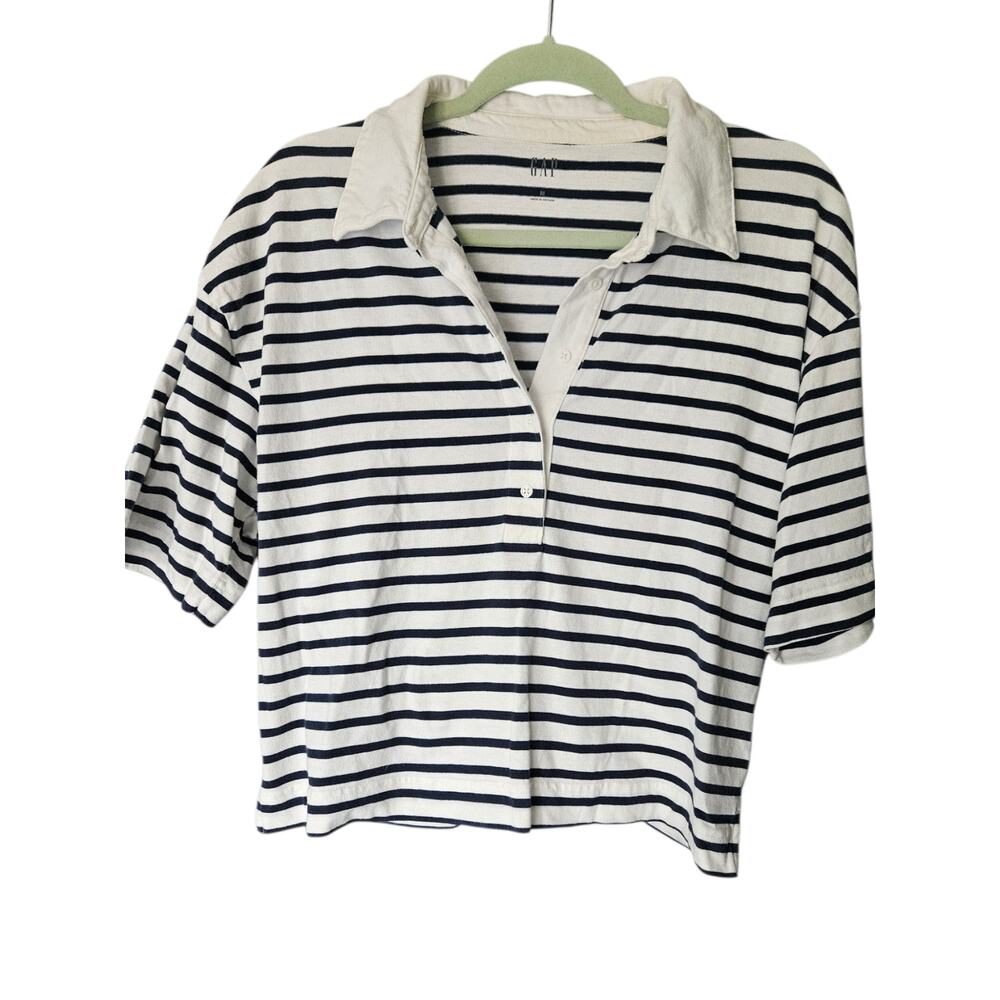 Women's Gap White & Navy Crop Polo Shirt Collared Button Short Sleeve Medium